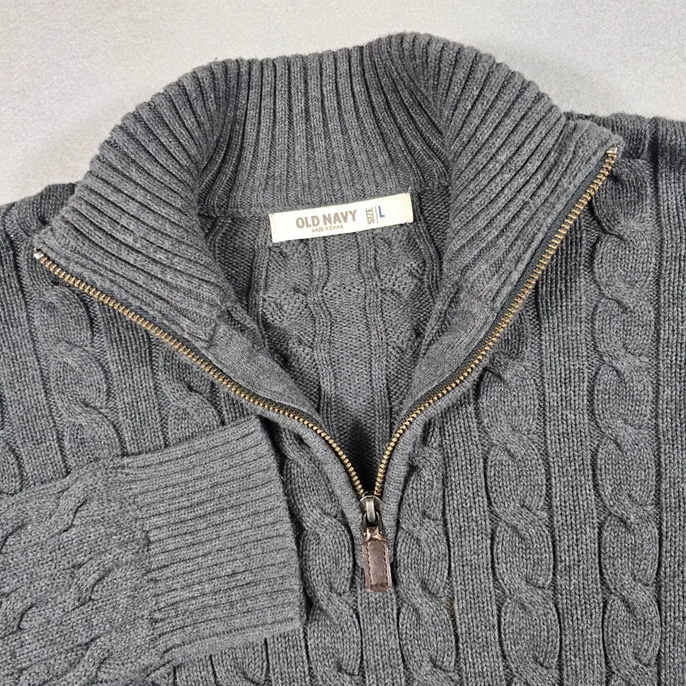 Old Navy Mens Large Gray Sweater 1/4 Zip Pullover Cable Knit Cotton Mock Neck